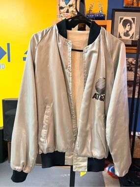 Retro AT&T Silver Satin Bomber Jacket with Black Trim